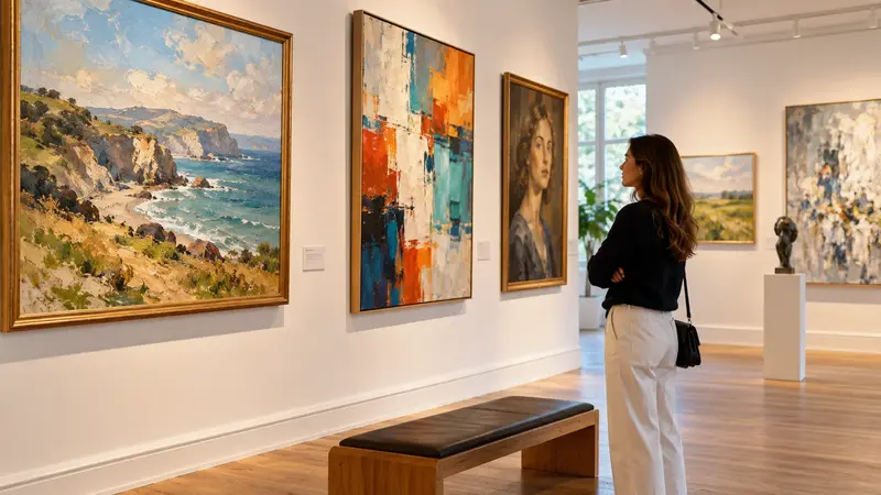 Art gallery displaying abstract, landscape and portrait paintings for visitors to explore